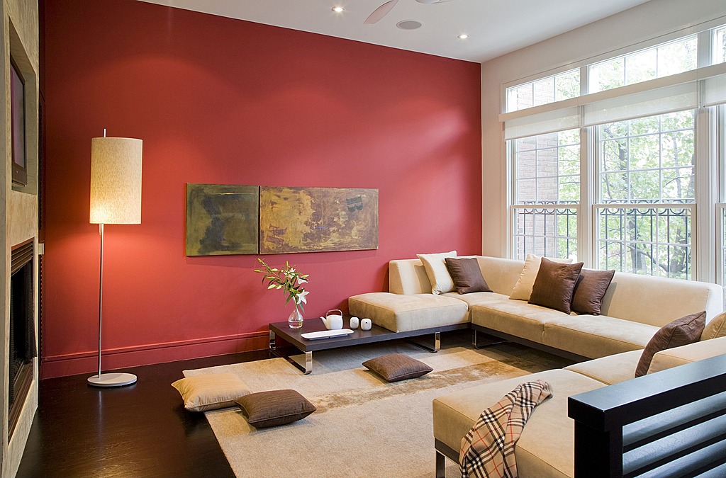 modern coastal living room red walls