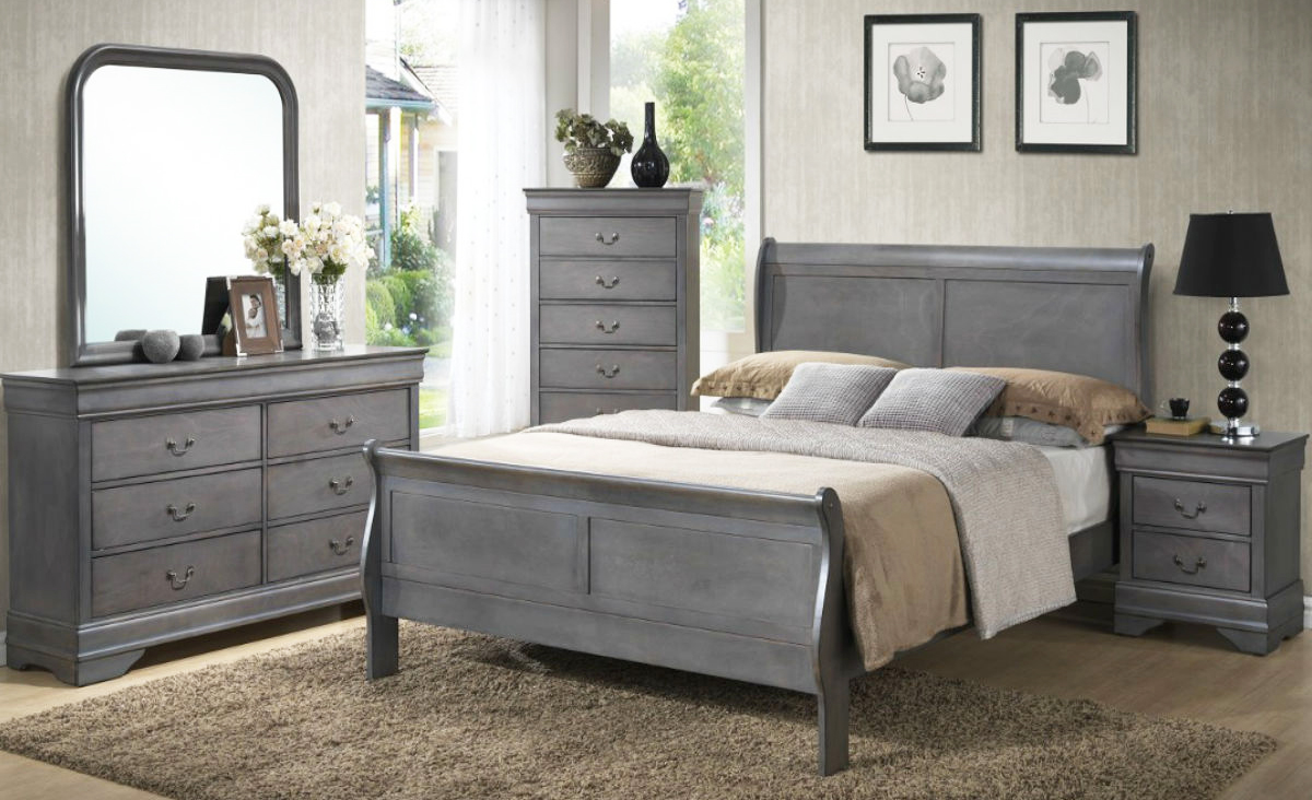 gray bedroom furniture with desk