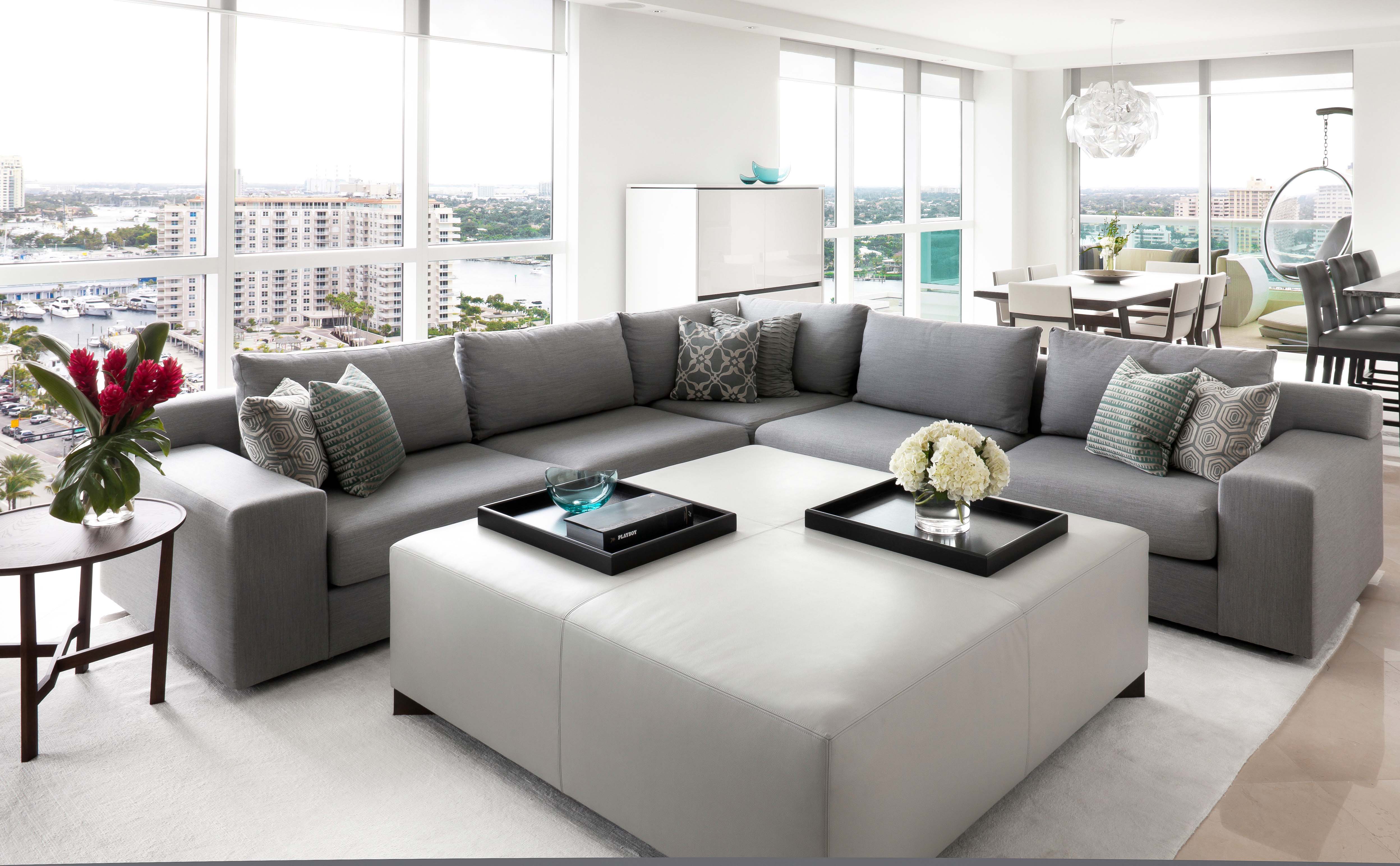 Furniture For Modern House With Neutral Color Schemes In Modern Grey Sectional Sofa For Living Room Furniture Also Large Square Fabric Coffee Table With Rug Area 